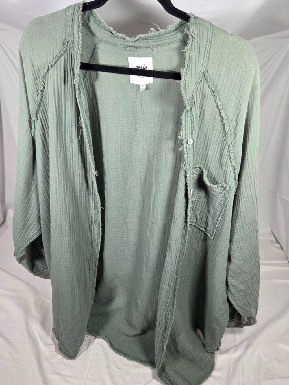 Aerie Gauzy Coverup Button Down Shirt L Green Distressed Raw Hem Oversized